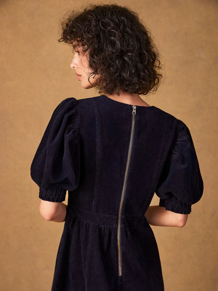 Petite Navy Cord Puff Sleeve Midi Dress