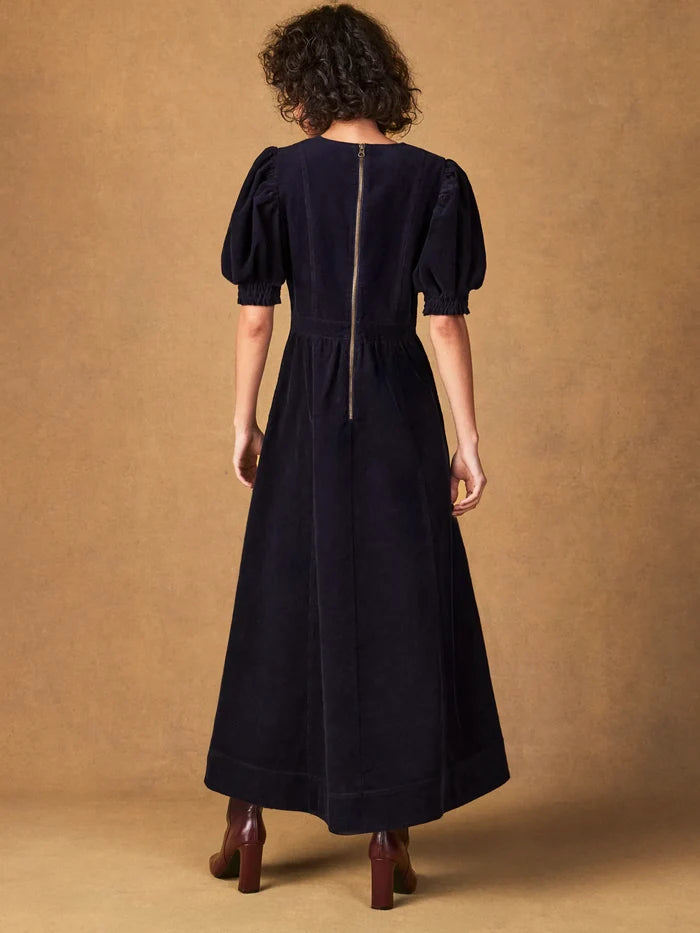 Petite Navy Cord Puff Sleeve Midi Dress