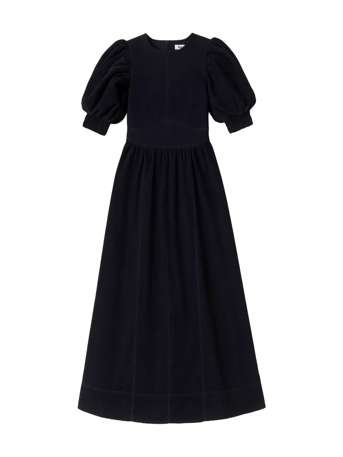 Petite Navy Cord Puff Sleeve Midi Dress