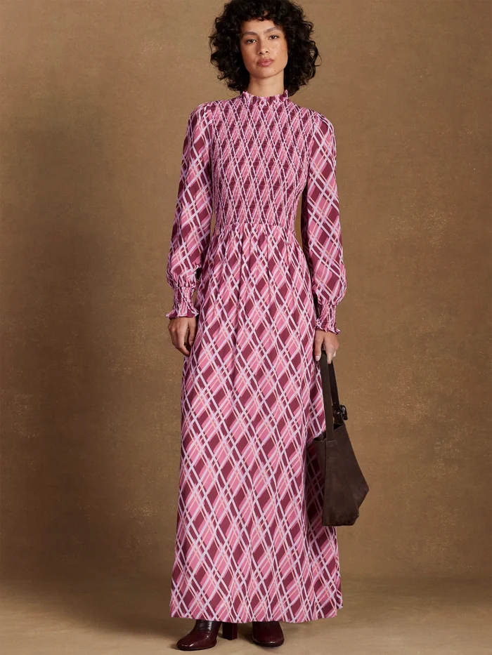 Petite Pink Check Shirred Dress