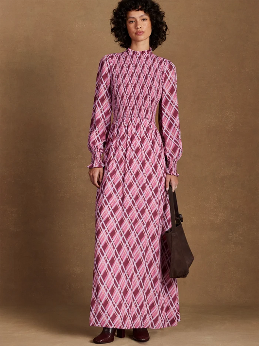 Petite Pink Check Shirred Dress