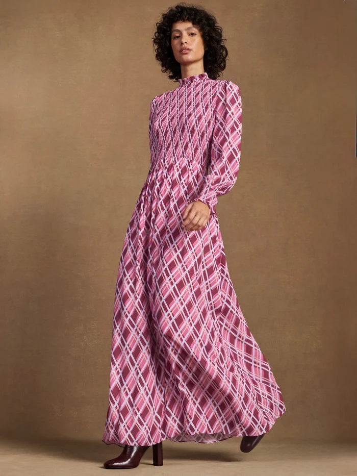 Petite Pink Check Shirred Dress