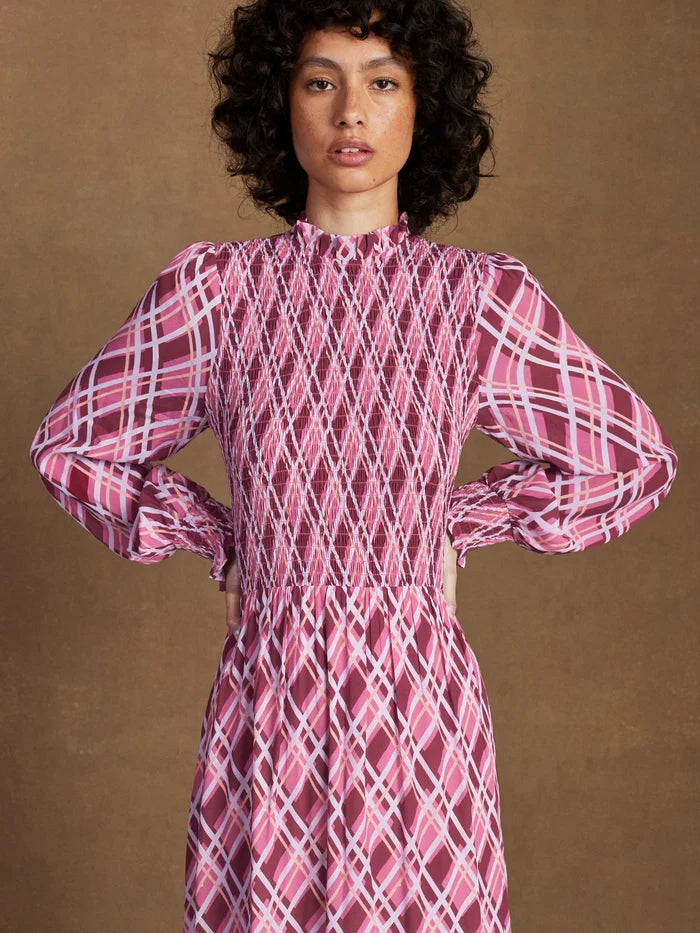 Petite Pink Check Shirred Dress