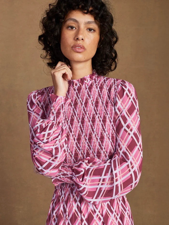 Petite Pink Check Shirred Dress
