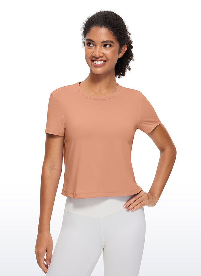 CRZ YOGA Women's Yoga Classic Fit Pima Cotton Short Sleeves High Neck Mocha Mousse