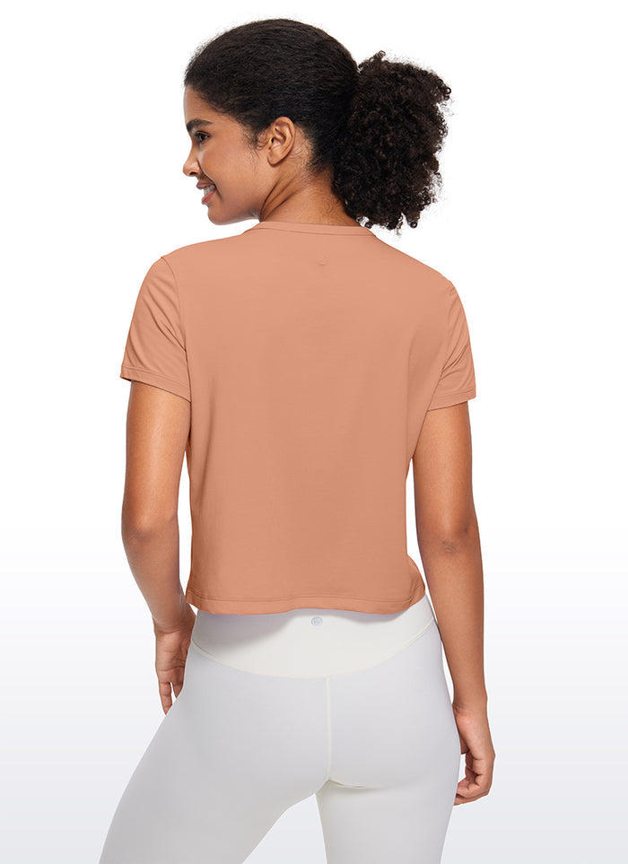 CRZ YOGA Women's Yoga Classic Fit Pima Cotton Short Sleeves High Neck Mocha Mousse
