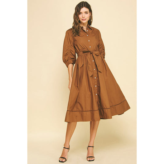 Pinch - Eyelet Detailed, Button Down, Midi Dress 6566 - Brown
