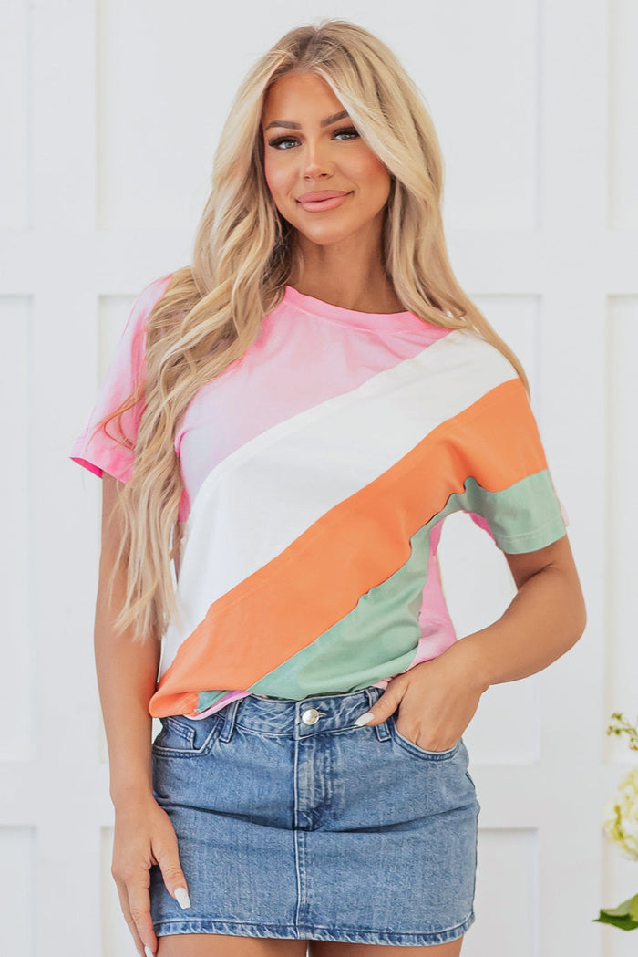 Pink Colour Block Patchwork Seamed Crewneck T Shirt - S / 95% Cotton + 5% Elastane - Tops/Tops & Tees
