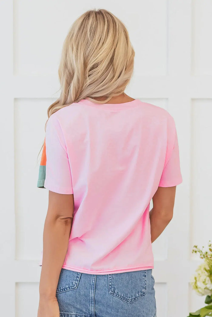 Pink Colour Block Patchwork Seamed Crewneck T Shirt - Tops/Tops & Tees