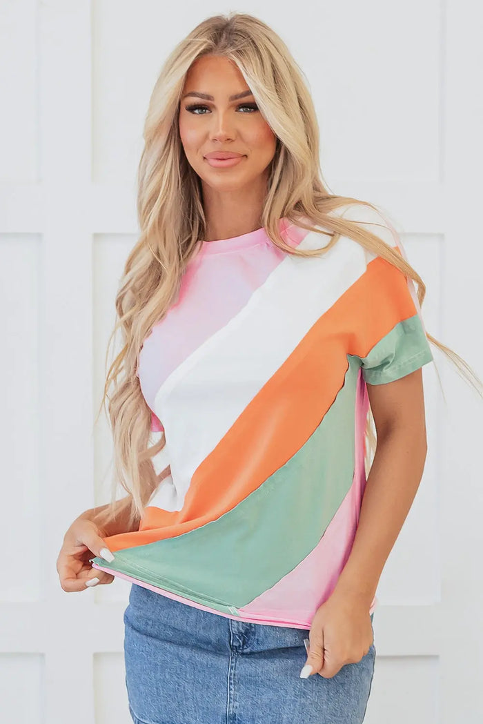 Pink Colour Block Patchwork Seamed Crewneck T Shirt - Tops/Tops & Tees