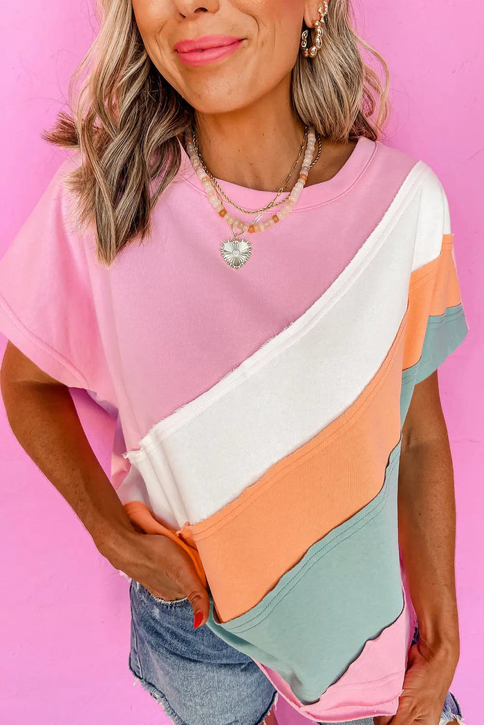 Pink Colour Block Patchwork Seamed Crewneck T Shirt - Tops/Tops & Tees