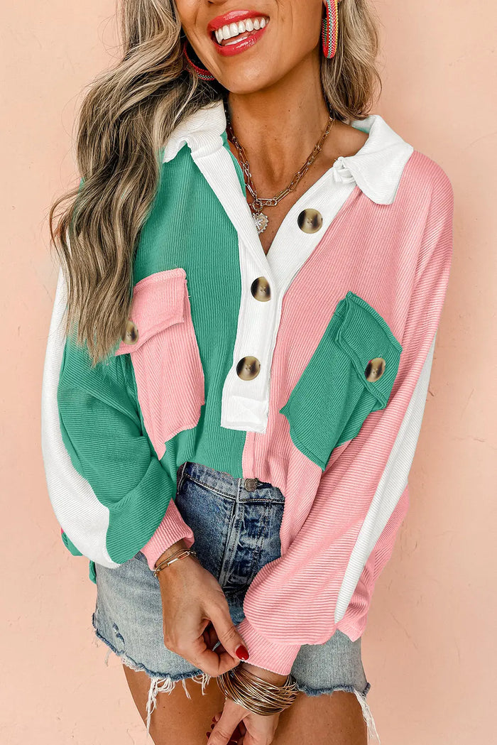 Pink Colourblock Ribbed Collared Oversized Sweatshirt - PINK / S / 95% POLYESTER + 5% ELASTANE - Tops/Sweatshirts &