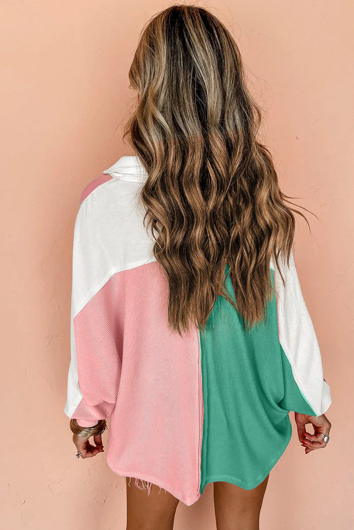 Pink Colourblock Ribbed Collared Oversized Sweatshirt - Tops/Sweatshirts & Hoodies