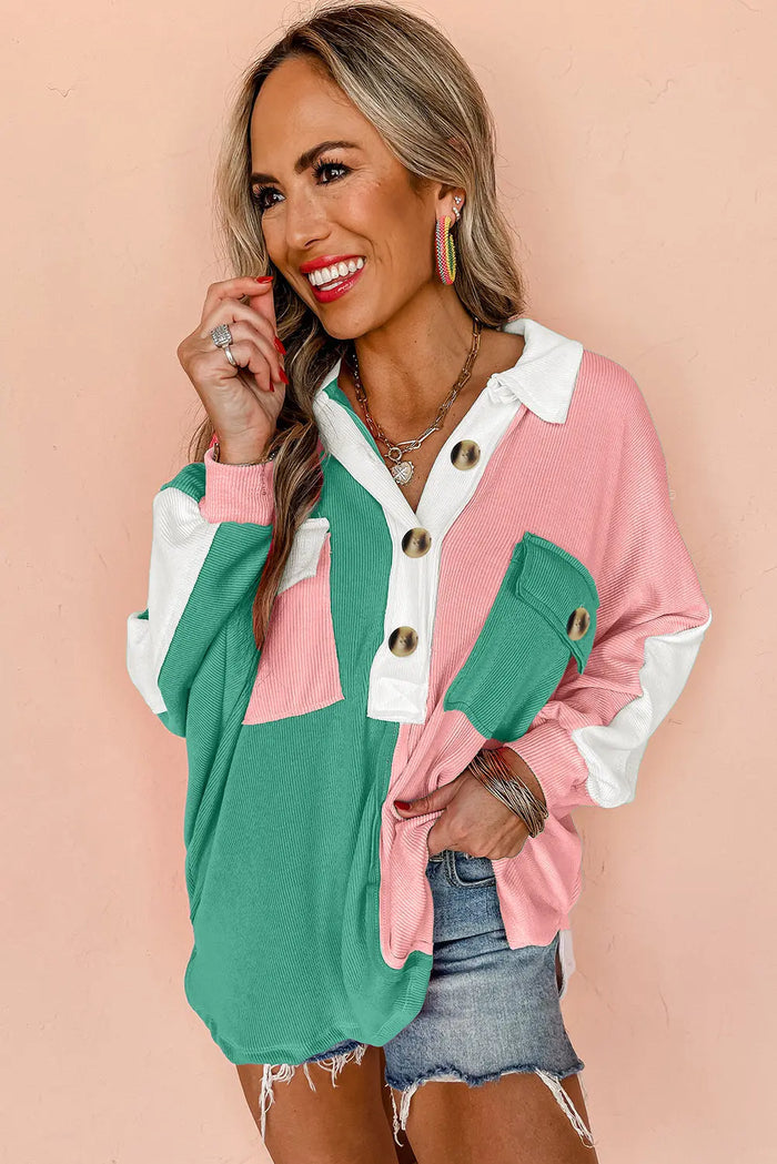 Pink Colourblock Ribbed Collared Oversized Sweatshirt - Tops/Sweatshirts & Hoodies