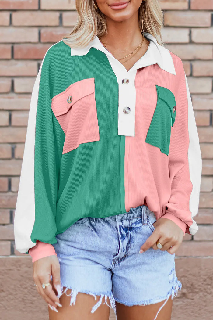 Pink Colourblock Ribbed Collared Oversized Sweatshirt - Tops/Sweatshirts & Hoodies