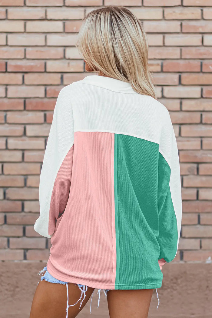 Pink Colourblock Ribbed Collared Oversized Sweatshirt - Tops/Sweatshirts & Hoodies