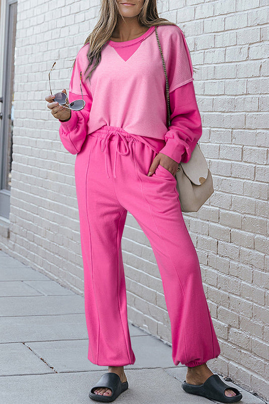 Pink Contrast Patchwork Pullover and Drawstring Joggers Set - BONBON / S / 65% POLYESTER + 35% COTTON - Two Piece