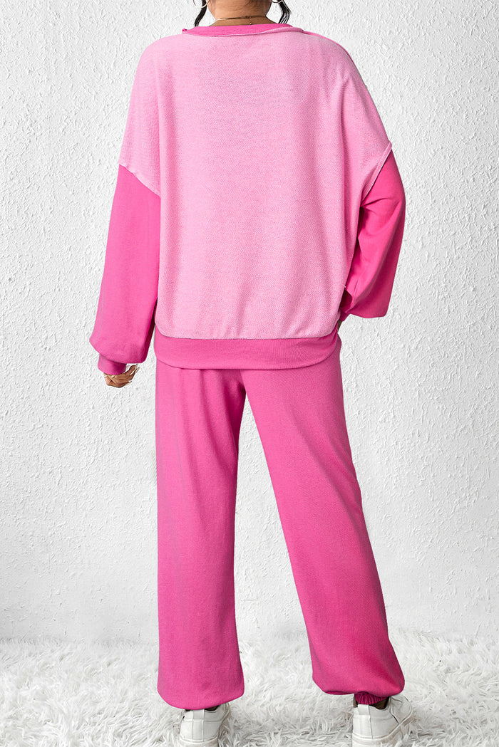 Pink Contrast Patchwork Pullover and Drawstring Joggers Set - Two Piece Sets/Pant Sets