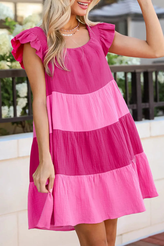 Pink Crinkled Colourblock Patchwork Flutter Tiered Mini Dress - S / 100% Cotton - Dresses/Mini Dresses