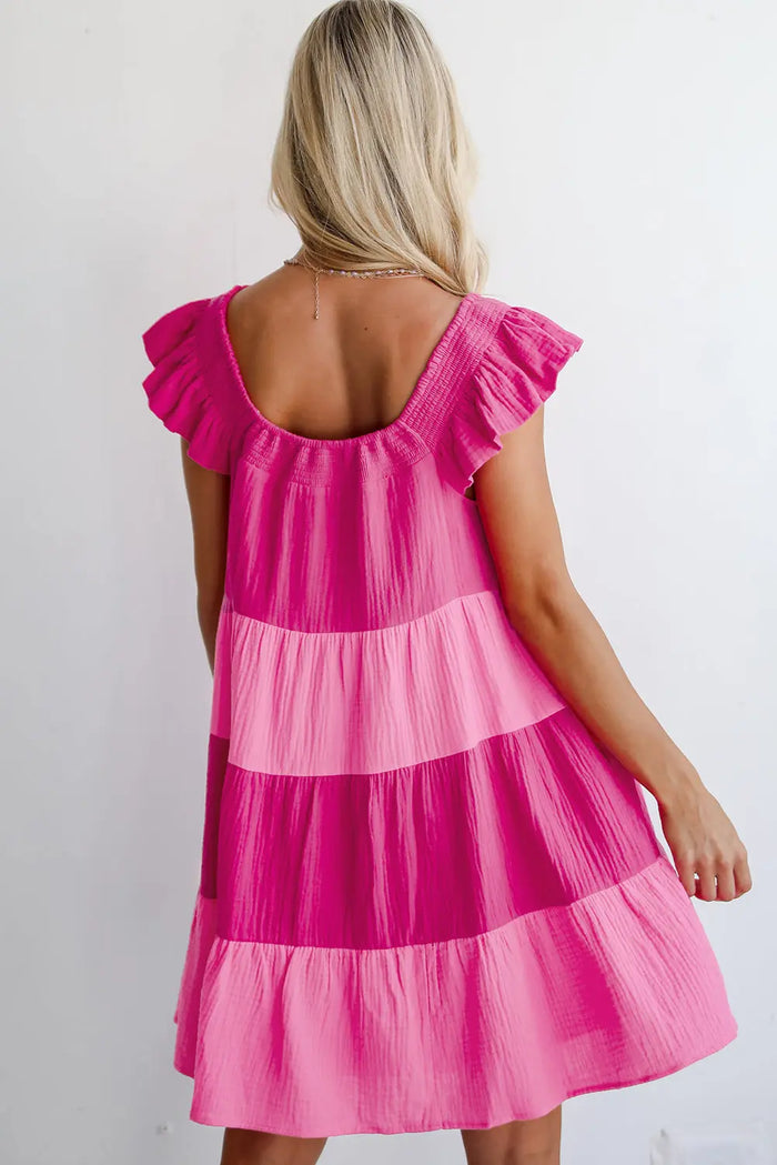 Pink Crinkled Colourblock Patchwork Flutter Tiered Mini Dress - Dresses/Mini Dresses