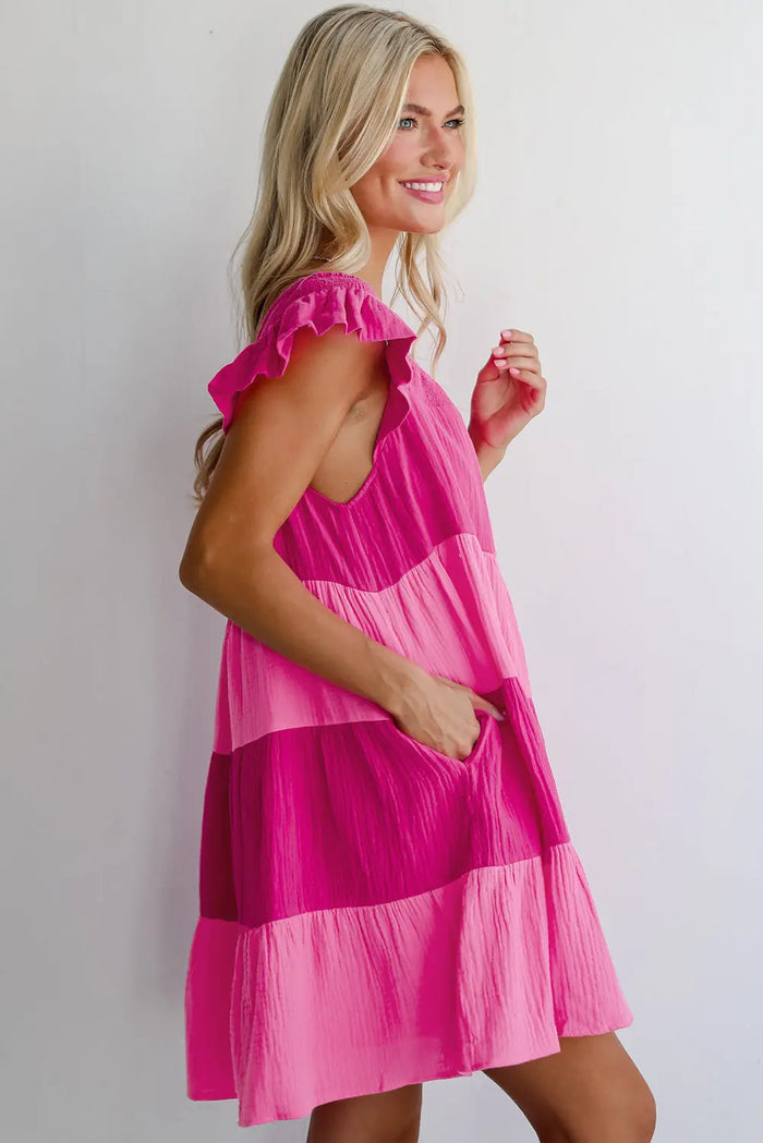 Pink Crinkled Colourblock Patchwork Flutter Tiered Mini Dress - Dresses/Mini Dresses