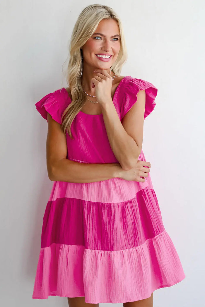 Pink Crinkled Colourblock Patchwork Flutter Tiered Mini Dress - Dresses/Mini Dresses