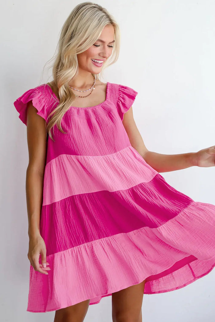 Pink Crinkled Colourblock Patchwork Flutter Tiered Mini Dress - Dresses/Mini Dresses