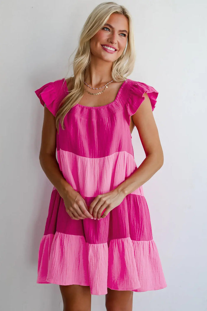 Pink Crinkled Colourblock Patchwork Flutter Tiered Mini Dress - Dresses/Mini Dresses