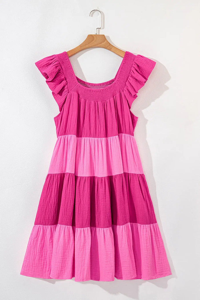 Pink Crinkled Colourblock Patchwork Flutter Tiered Mini Dress - Dresses/Mini Dresses
