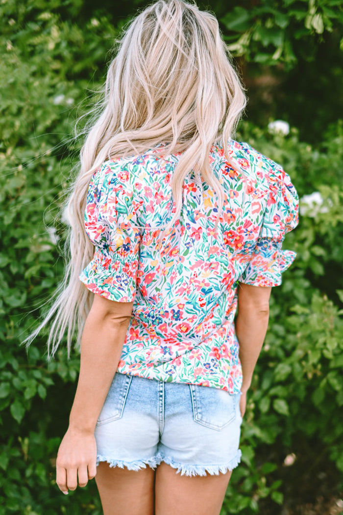Pink Floral Print Button Split Neck Puff Sleeve Blouse - Tops/Blouses & Shirts