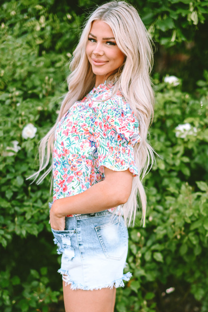 Pink Floral Print Button Split Neck Puff Sleeve Blouse - Tops/Blouses & Shirts