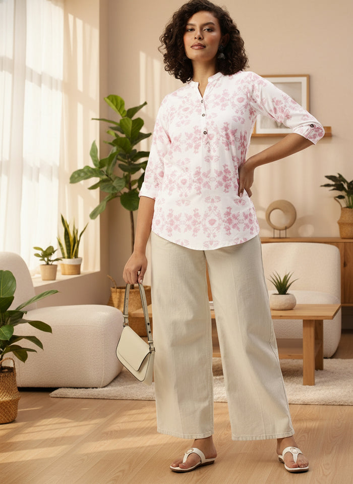Pink Floral Printed Mandarin Collar Tunic, Floral Printed Tunic, printed tunic, mandarin collar Tunic, casual wear Tunic, women’s tunic, Office Wear Tunic