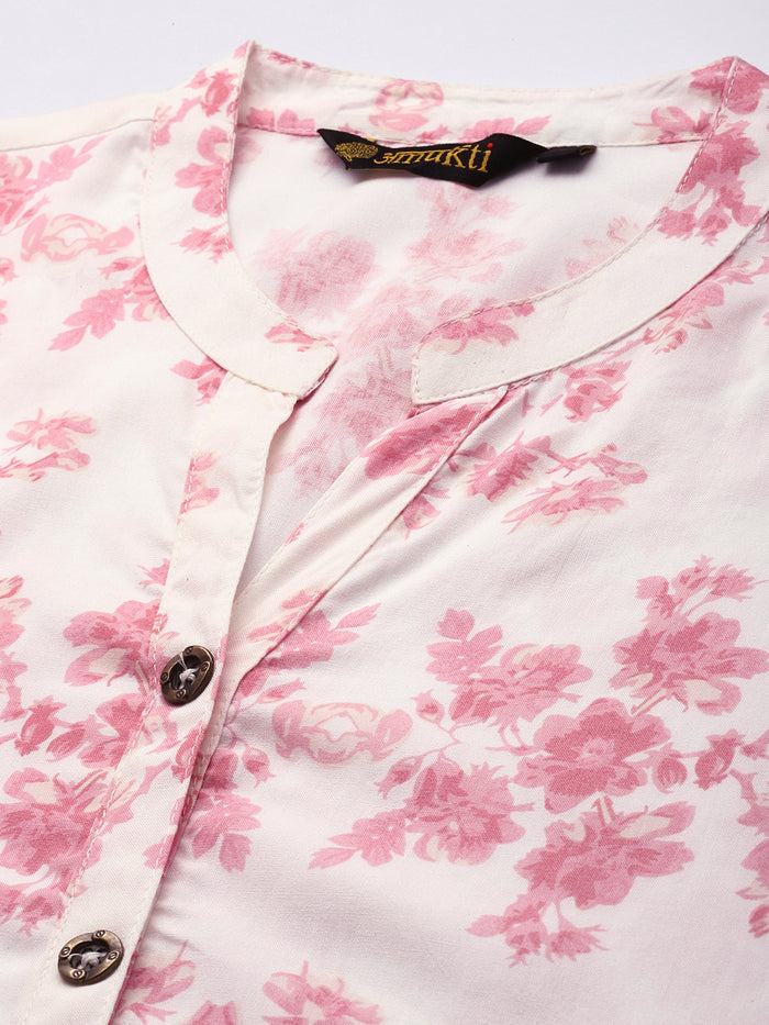 Pink Floral Printed Mandarin Collar Tunic, Floral Printed Tunic, printed tunic, mandarin collar Tunic, casual wear Tunic, women’s tunic, Office Wear Tunic