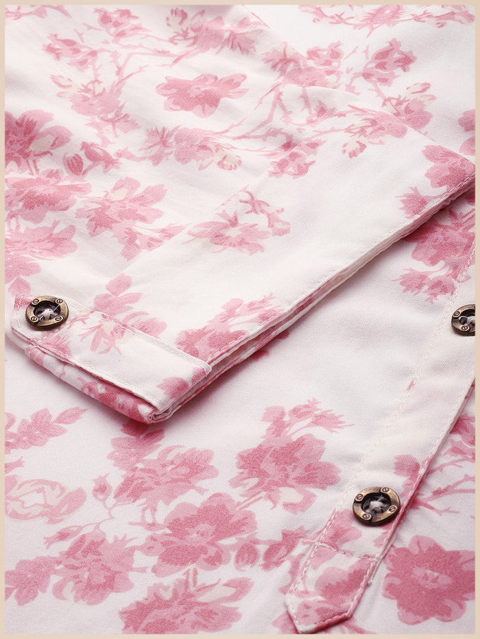 Pink Floral Printed Mandarin Collar Tunic, Floral Printed Tunic, printed tunic, mandarin collar Tunic, casual wear Tunic, women’s tunic, Office Wear Tunic