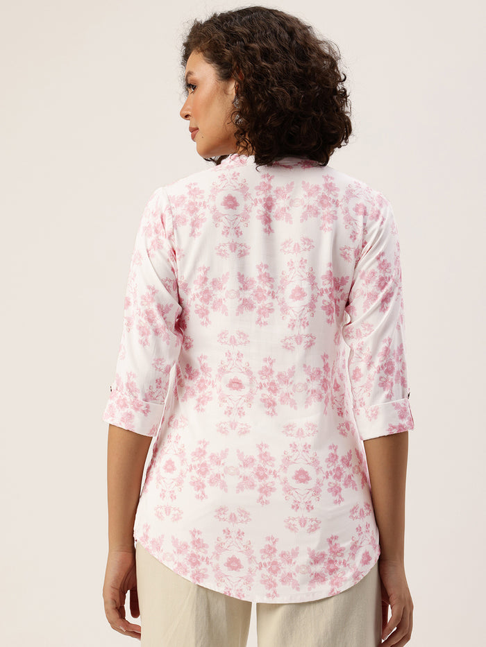 Pink Floral Printed Mandarin Collar Tunic, Floral Printed Tunic, printed tunic, mandarin collar Tunic, casual wear Tunic, women’s tunic, Office Wear Tunic