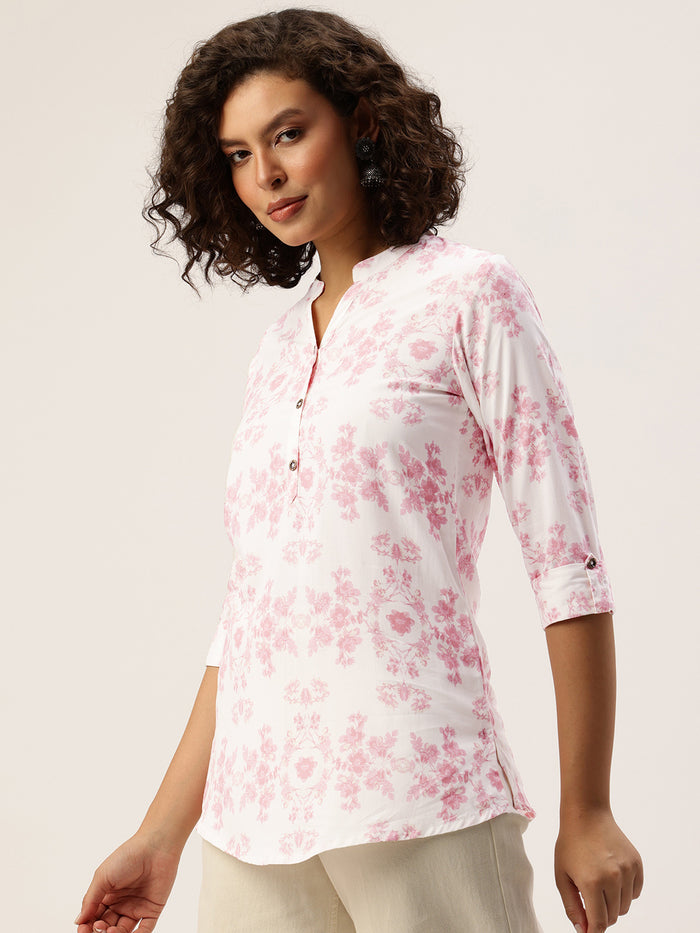Pink Floral Printed Mandarin Collar Tunic, Floral Printed Tunic, printed tunic, mandarin collar Tunic, casual wear Tunic, women’s tunic, Office Wear Tunic