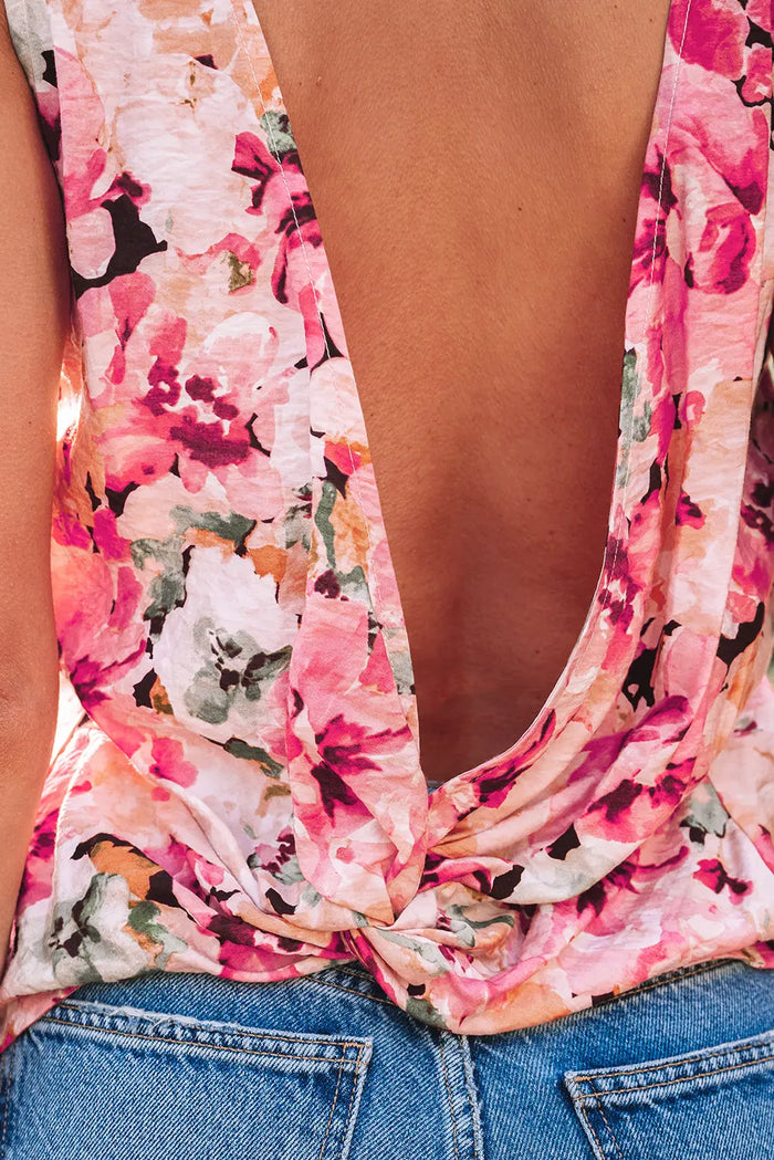 Pink Floral Round Neck Twisted Cut Out Back Tank Top - Tops/Tops & Tees
