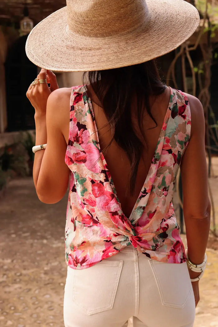 Pink Floral Round Neck Twisted Cut Out Back Tank Top - Tops/Tops & Tees