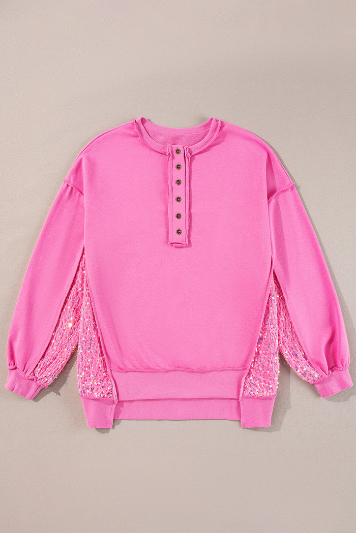 Pink Sequin Patchwork High Low Hem Henley Sweatshirt - Tops/Sweatshirts & Hoodies