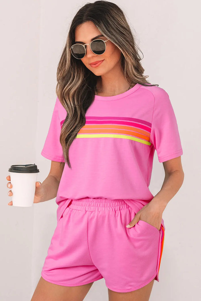 Pink Striped Patch Front Casual Tee - Bonbon / S / 85% Polyester + 10% Cotton + 5% Elastane - Tops/Tops & Tees