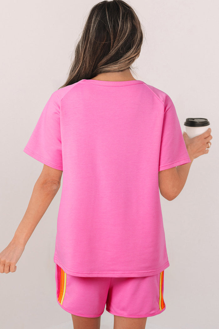 Pink Striped Patch Front Casual Tee - Tops/Tops & Tees