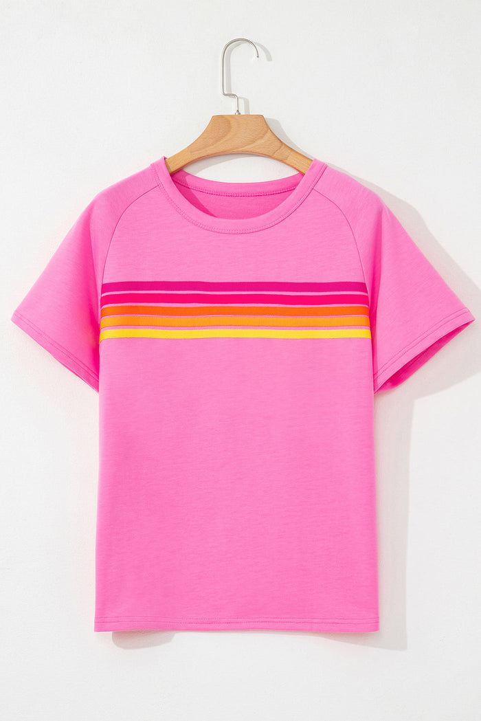Pink Striped Patch Front Casual Tee - Tops/Tops & Tees