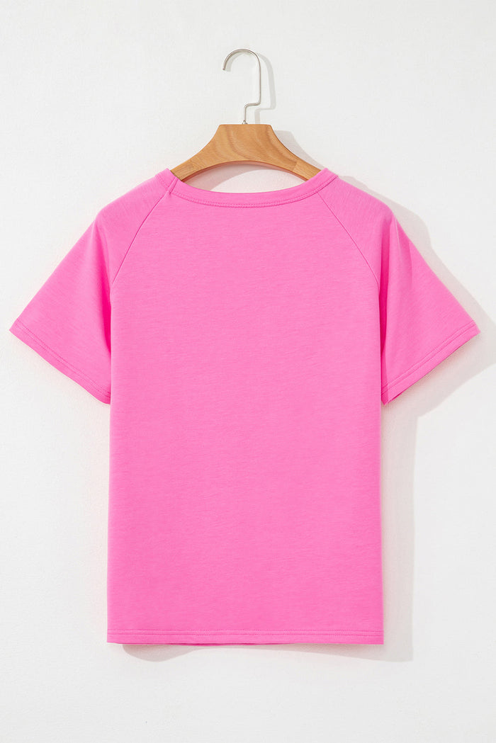 Pink Striped Patch Front Casual Tee - Tops/Tops & Tees