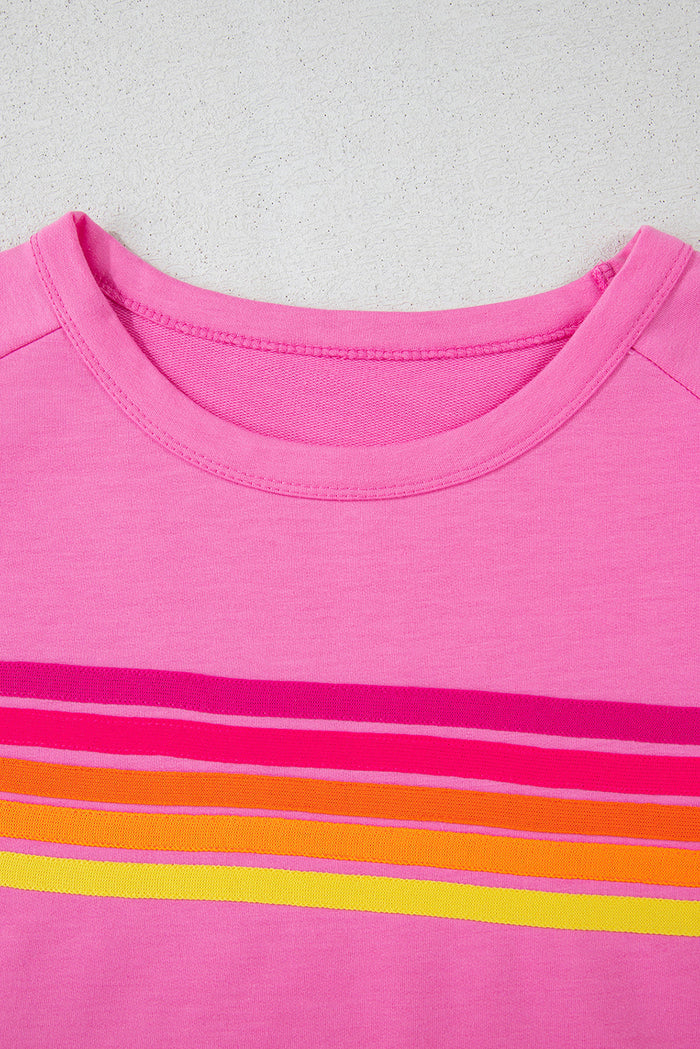 Pink Striped Patch Front Casual Tee - Tops/Tops & Tees