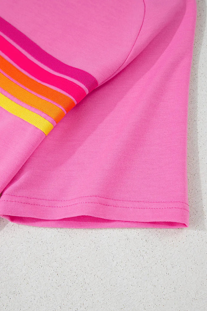 Pink Striped Patch Front Casual Tee - Tops/Tops & Tees