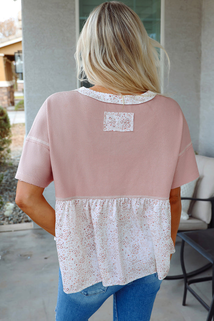 Pink Waffle Floral Patchwork Exposed Seam Detail Short Sleeve Top - Tops/Tops & Tees