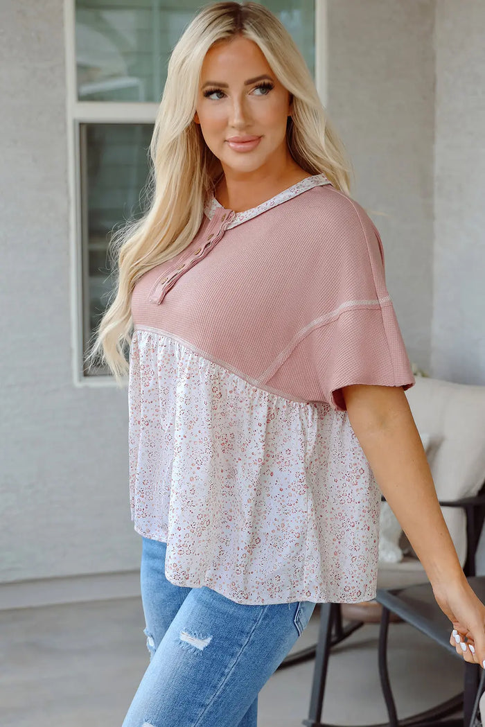 Pink Waffle Floral Patchwork Exposed Seam Detail Short Sleeve Top - Tops/Tops & Tees