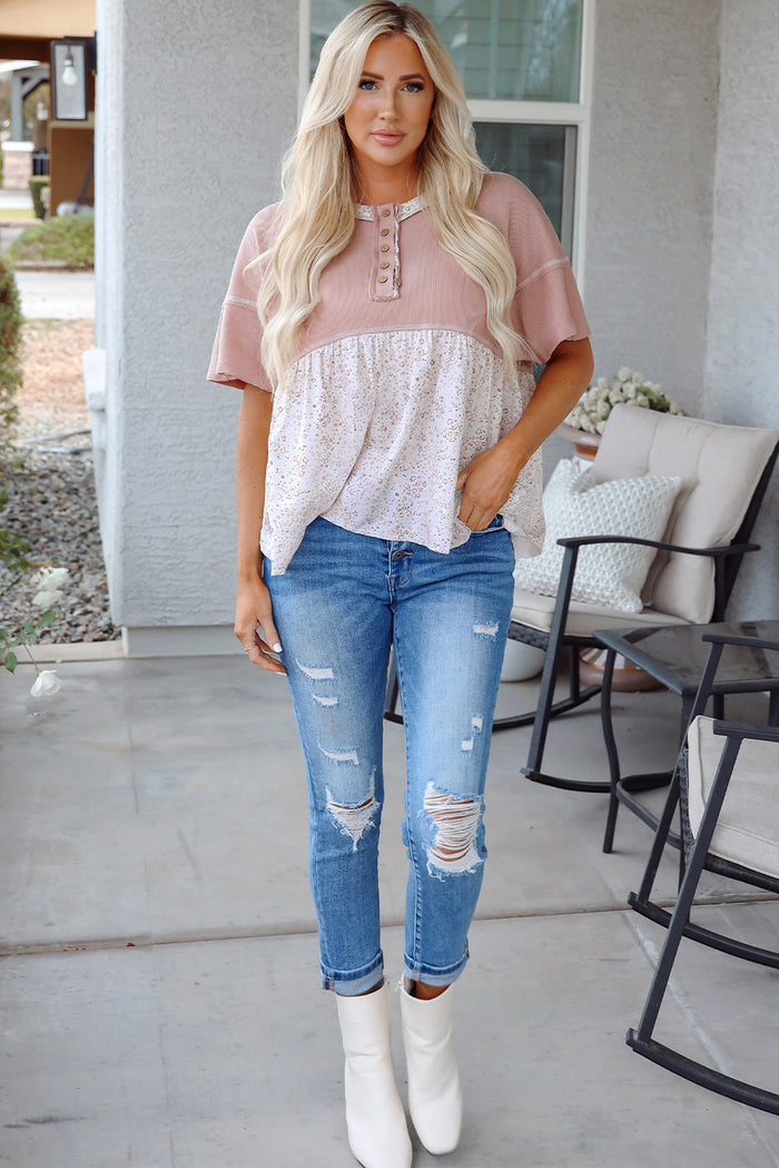 Pink Waffle Floral Patchwork Exposed Seam Detail Short Sleeve Top - Tops/Tops & Tees