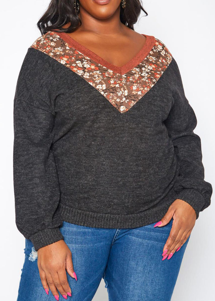 Hi Curvy Plus Size Women Floral Print V Neck Long Sleeves Top