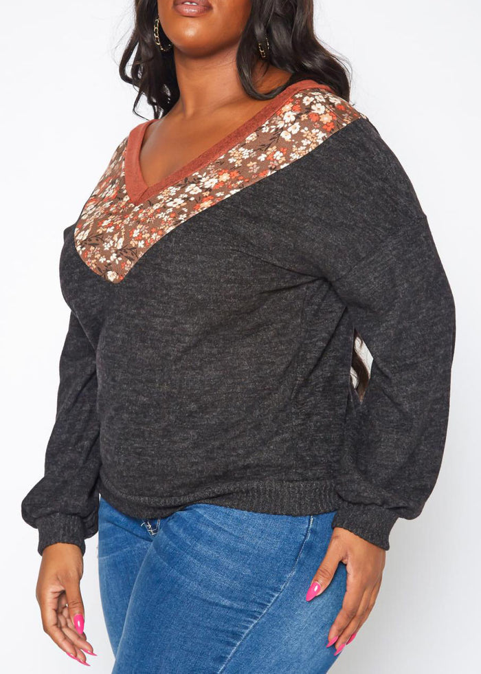 Hi Curvy Plus Size Women Floral Print V Neck Long Sleeves Top